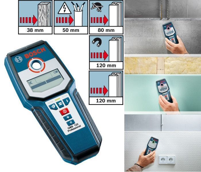 Детектор прихованої проводки металу (металодетектор) Bosch GMS 120 : 120мм глибина пошуку шукач проводів індикатор 0601081000 0601081000 фото