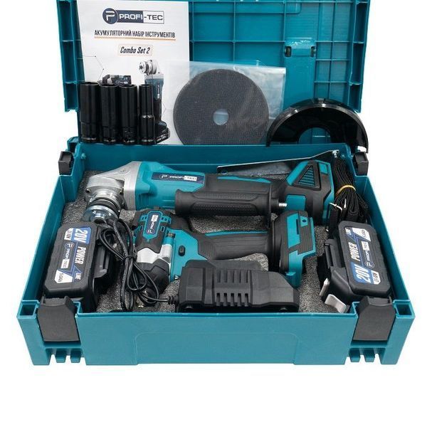 Набір акумуляторний інструментів PROFI-TEC Combo Set 2 POWERLine DGA20BL+DTW500BL: з АКБ 2шт-20V 5.0Ач+ЗП 005936 фото