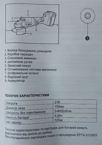 Потужна акумуляторна болгарка Edon UAG-21A : з АКБ 21 V, 4.0Ah, диск 125мм, кейс UAG-21A фото