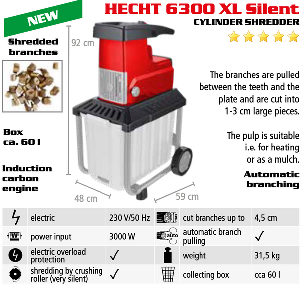 Садовий фрезерний подрібнювач гілок HECHT 6300 XL SILENT (безщітковий двигун) 3 кВт, гілки до 45 мм HECHT6300XLSilent фото