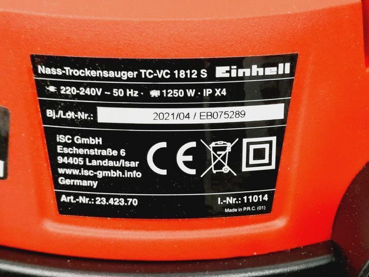Промисловий пилосос 180 мБар, вдув/видув, 12 л, 1250 Вт Einhell TC-VC 1812 S (2342370) 2342370 фото