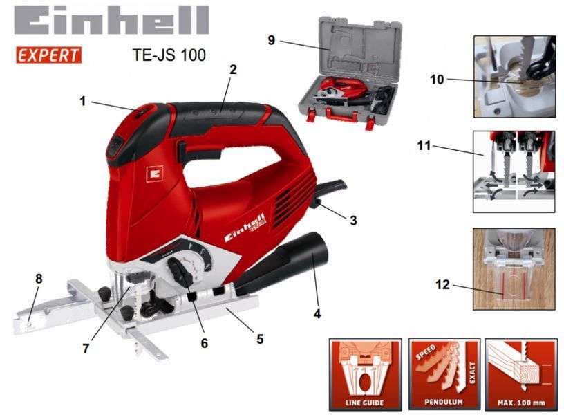 Професійний електричний ручний лобзик (електролобзик) Einhell TE-JS 100 : 750 Вт, 3000 об/хв, глибина різу 100мм (4321160) 4321160 фото