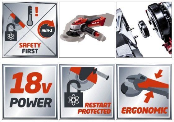 Кутова шліфмашина Einhell TE-AG 18/115 Li Solo : + акум Li-ion 18 В + зарядка, 8500 об/хв, діаметр диску: 115 мм 4431130, 4512097 фото