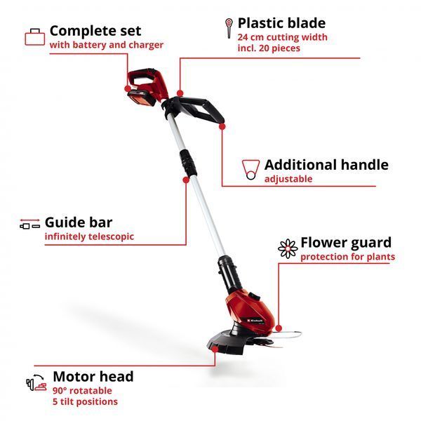 Професійний тример акумуляторний Einhell GE-CT 18 Li Kit : з АКБ 18V 2,0 Ah, 8500 об/хв, ширина зрізу 24 см 3411197 фото