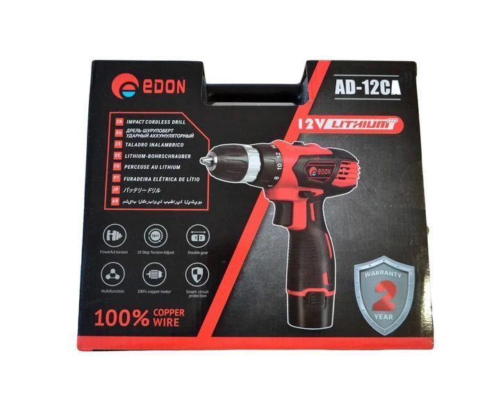 Акумуляторний шуруповерт Edon AD-12CA, 12 В, 2 А/год, 1350 об/хв, 23 Нм, 2 швидкості, 2 акумулятора, кейс AD-12CA фото