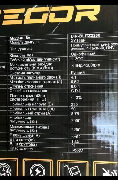 Професійний бензиновий інверторний генератор Zegor DIN-BLITZ2200 : 2.0/2.2 кВт DIN-BLITZ2200 фото